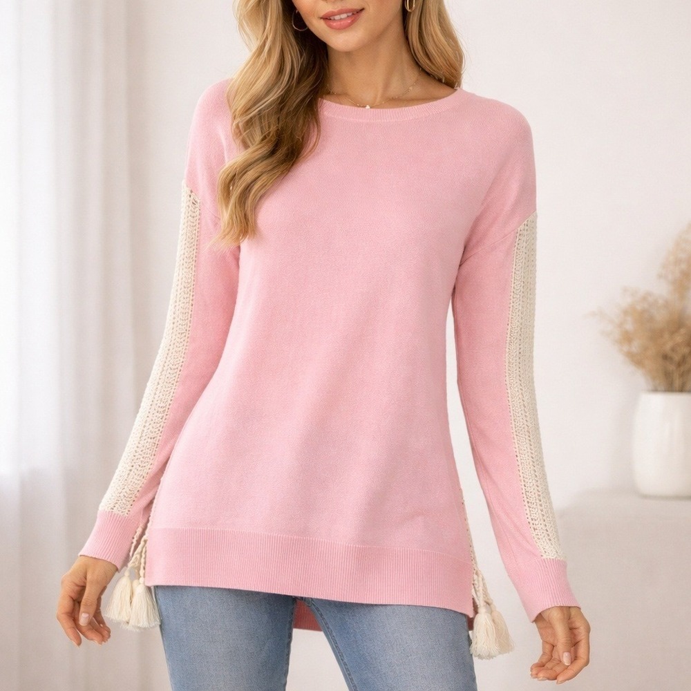 Lilly Pulitzer Sweater Womens XXS Pink Crochet Tassel Trim Coastal Preppy